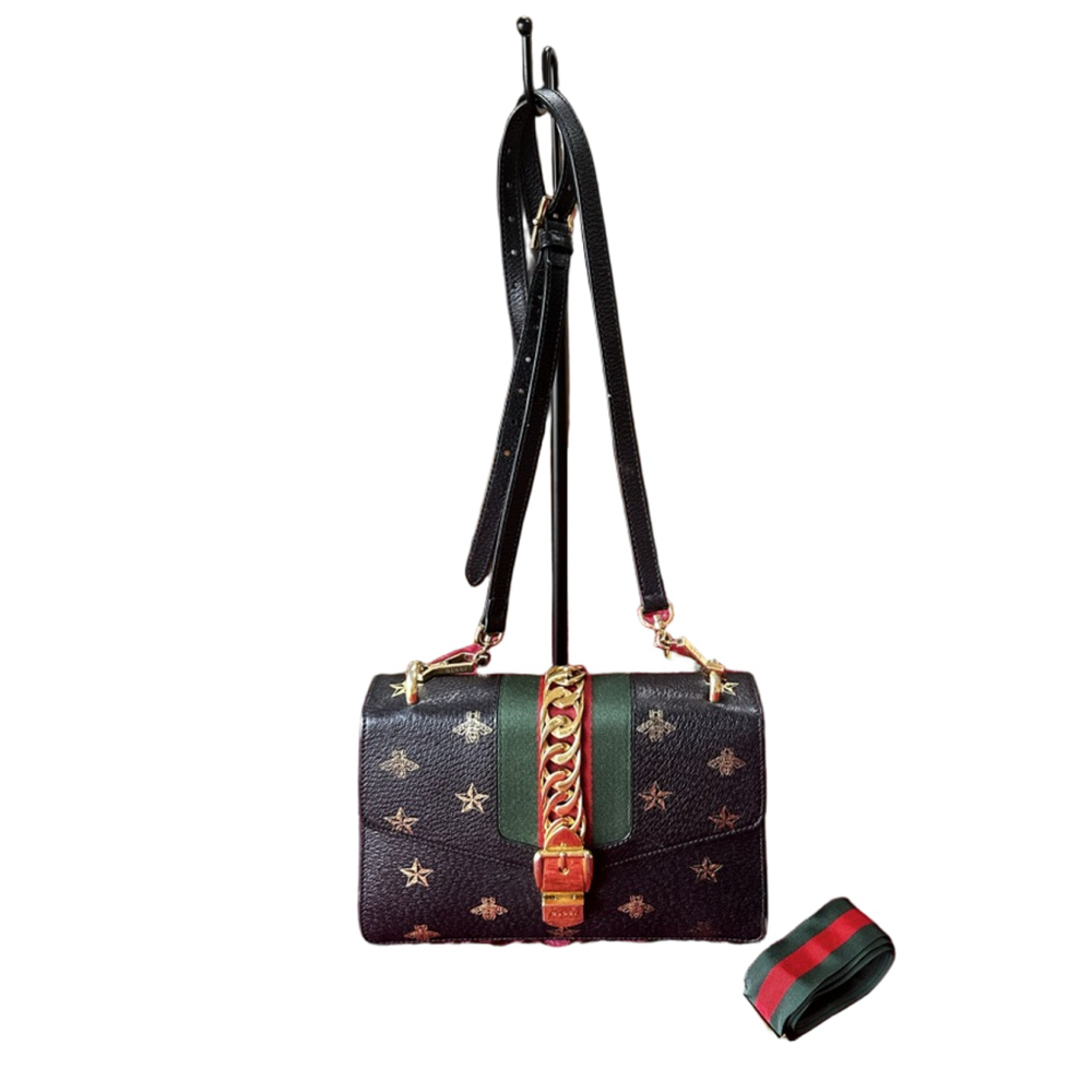 Gucci Black Leather Bee & Star Sylvie Sherry Line W/ Two Straps